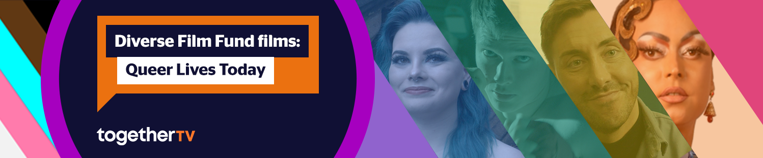 Header image for Diverse Film Fund 2022 with LGBTQIA+ progressive flag colours and a photo of Blaise Singh, a Diverse Film Fund alumni on set for his film Beyonce Experience at Black Pride.