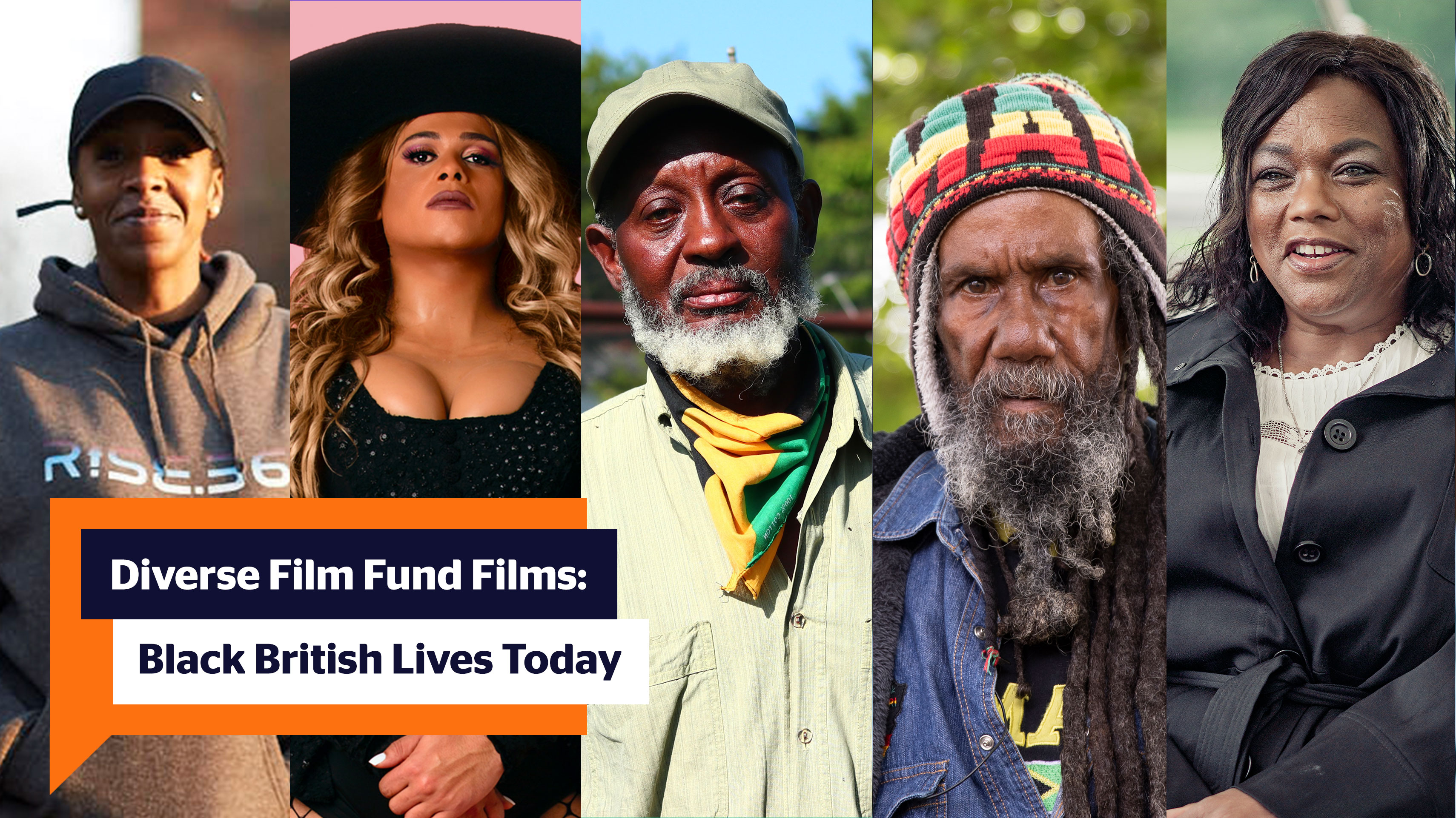 A photo montage of the protagonists from the 5 short films. From left to right, Joyclen Buffong the creator of RISE 365 is smiling in the sun wearing a cap and a grey hoodie with the RISE.365 logo on it, Aaron Carty as the Beyonce Experience wearing a blonde wig, body suit and black sun hat, Robert Samunda a black farmer wearing a khaki cap and shirt with a Jamaican flag scarf, Barry the Beekeeper has long black dreads and a long grey beard wearing a knitted Pan Afirca trapper hat and a jean jacket, Sandra Murphy who is a Black Female Equestrian, she is smiling to the camera wearing a white scalloped t-shirt, a gold necklace and a black mac overcoat.